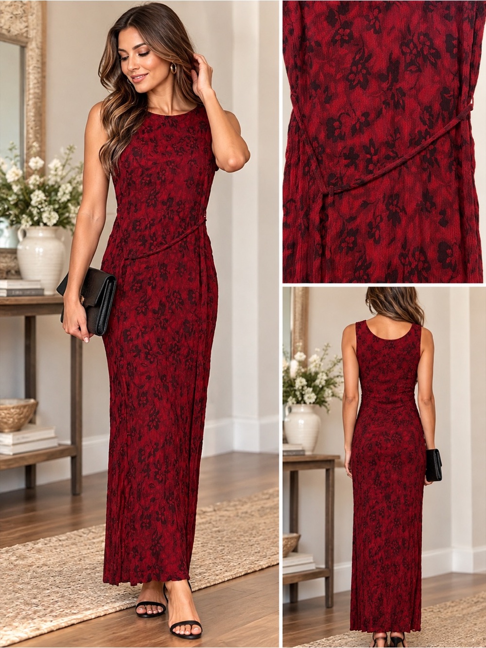 Norton McNaughton Red Floral Crinkle Maxi Dress Large Tie Waist